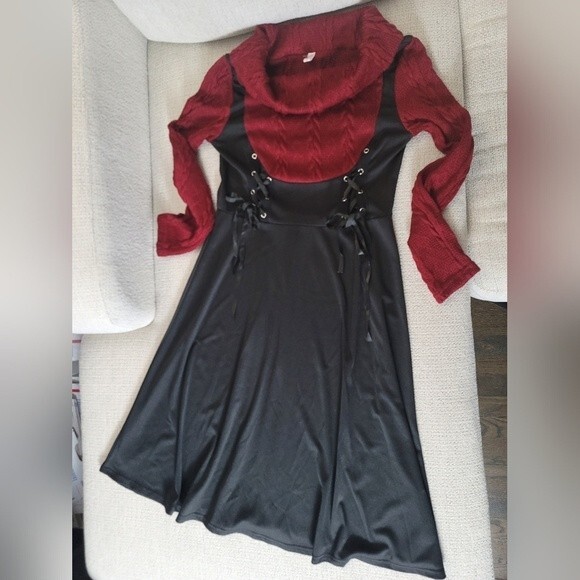Red Sweater Black Corset Long sleeve Dress Size Medium - Picture 2 of 9